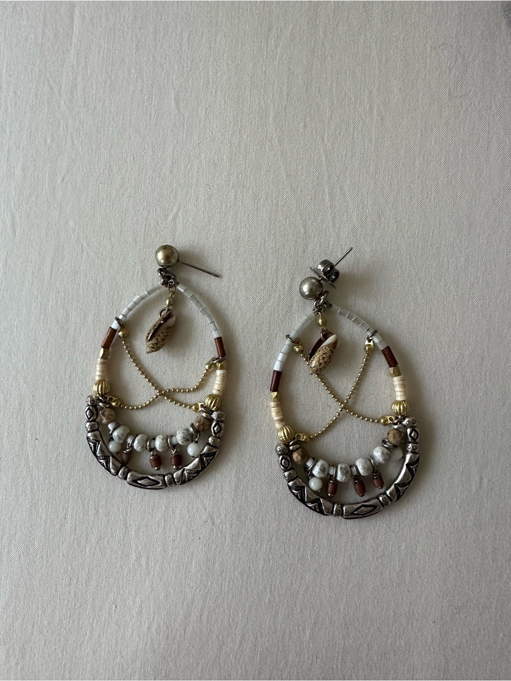 White and Gold Beaded Hoop Earrings with Shell Accents